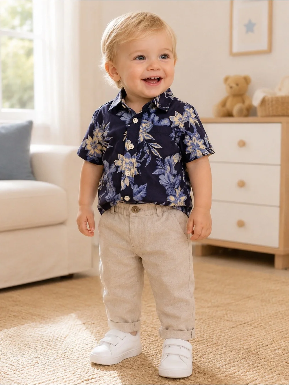 Janie and Jack Navy Floral Short-Sleeve Button-Down Shirt